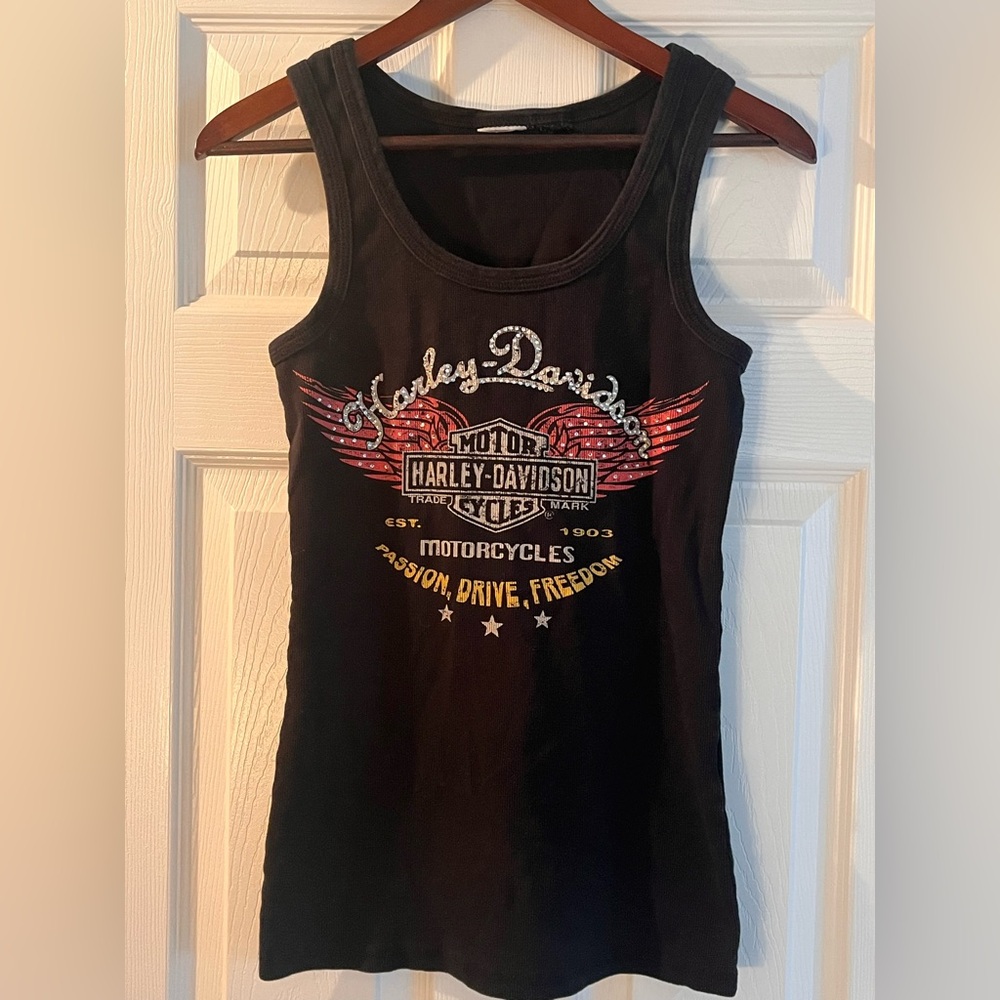 Harley-Davidson Women’s Black Winged Logo Tank Top Rhinestone Graphic Size Large